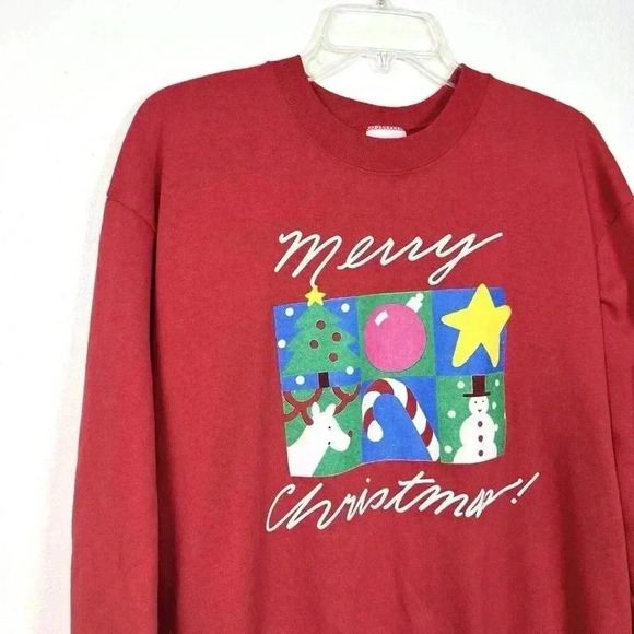 Vintage Merry Christmas Sweater Women XL Red Crew Neck Sweatshirt 90s Cotton - Picture 2 of 10